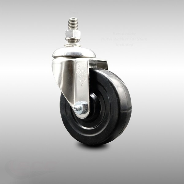 4 Inch 316SS Hard Rubber Wheel Swivel 12mm Threaded Stem Caster SCC
